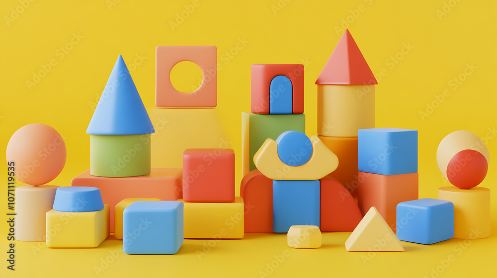Poster A set of simple geometric shapes designed as blocks for children's play, presented as 3D cartoon items for developmental activities