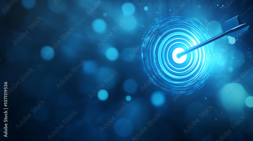Poster Bright perspective with a blurred blue gradient background featuring a glowing light circle dart target success square, Abstract vector illustration for brochure pages and presentations