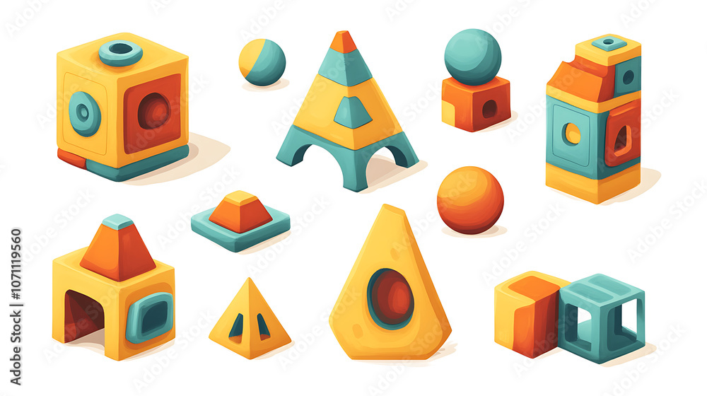 Aufkleber a set of simple geometric shapes designed as blocks for children's play, presented as 3d cartoon ite