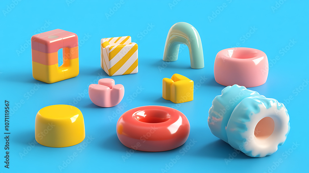 Aufkleber a set of simple geometric shapes designed as blocks for children's play, presented as 3d cartoon ite