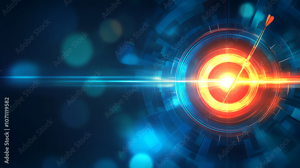 Poster Bright perspective with a blurred blue gradient background featuring a glowing light circle dart target success square, Abstract vector illustration for brochure pages and presentations