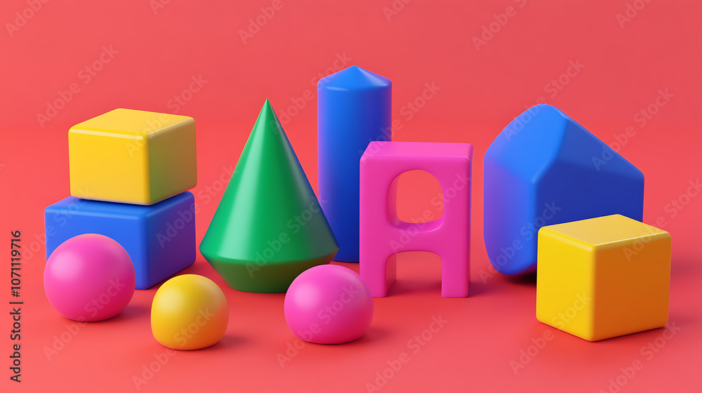Poster A set of simple geometric shapes designed as blocks for children's play, presented as 3D cartoon items for developmental activities