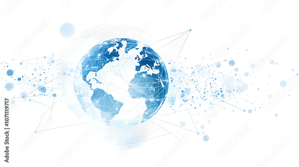 Poster abstract digital technology background with a globe and network connections, in a white and blue col