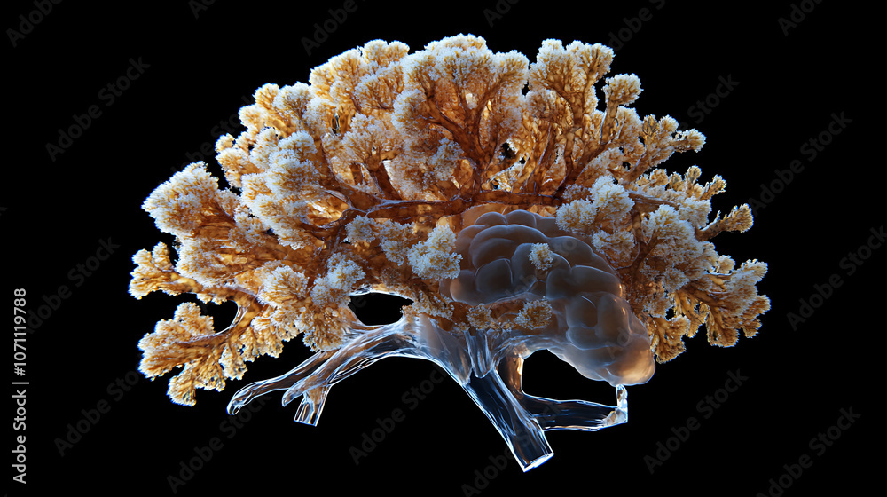 Aufkleber A side view 3D rendering of a brain highlighting concepts of degenerative diseases such as Parkinson's, Alzheimer's, synapses, and neurons
