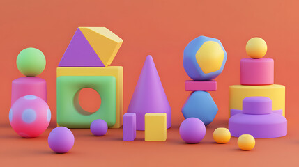A set of simple geometric shapes designed as blocks for children's play, presented as 3D cartoon items for developmental activities