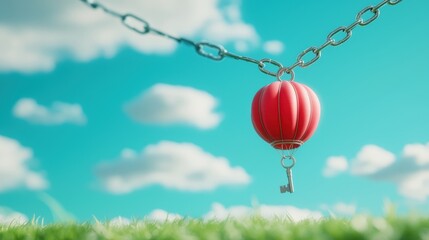 Obraz premium A key unlocking a chain that had been holding back a hot air balloon, allowing it to soar into the sky, symbolizing liberation, breaking free from limitations, and achieving dreams.