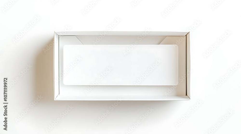 Poster A top view of an empty white paper box with a transparent window, isolated on a white background