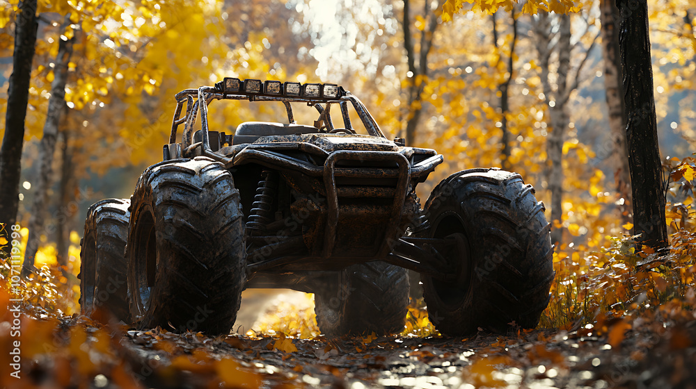 Aufkleber close-up of an off-road adventure, featuring the front view of a rugged all-terrain vehicle with lar