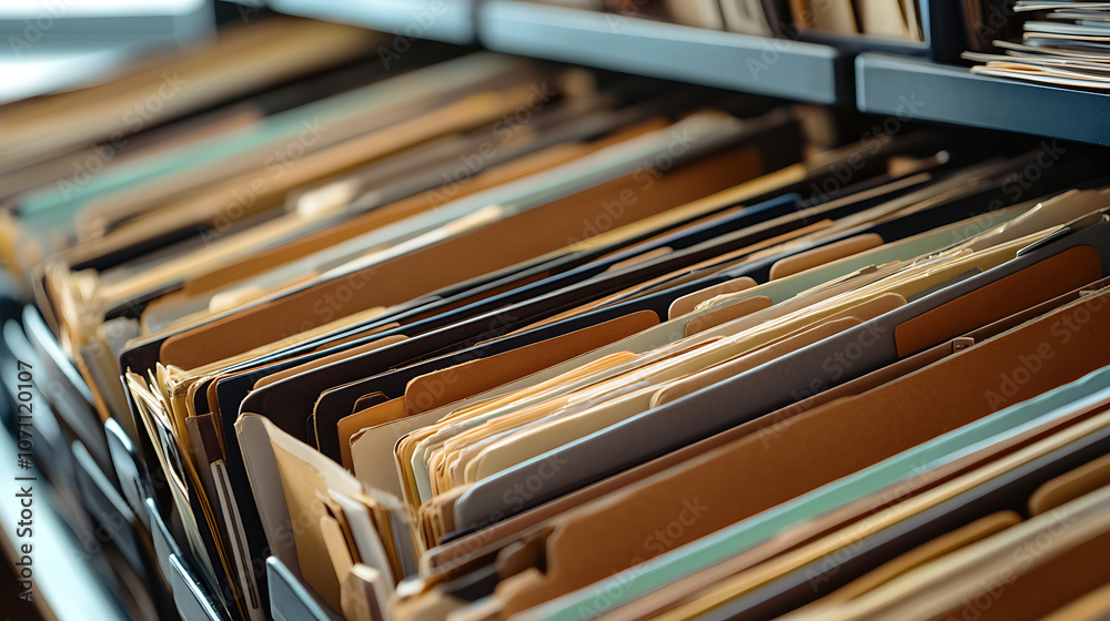 Poster close-up of classified file folders in an organized office setting