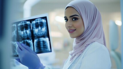 Female Dentist in Hijab Examining Dental X-Rays