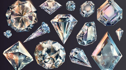 A vector collection of diamonds and crystals, showcasing various beautiful shapes