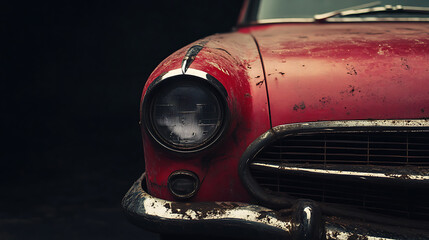 Closeup on a generic and unbranded old red car on a black background