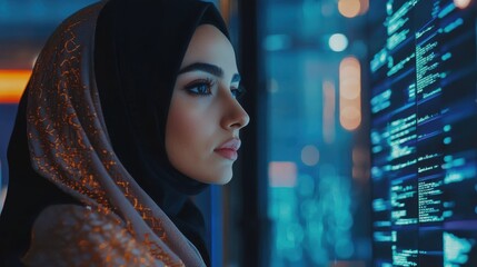 Woman in Hijab Analyzing Data in Modern Environment