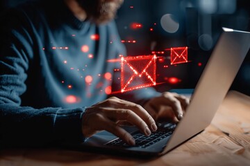 Businessman using laptop for email communication, email marketing, sending and receiving messages, digital network, online work