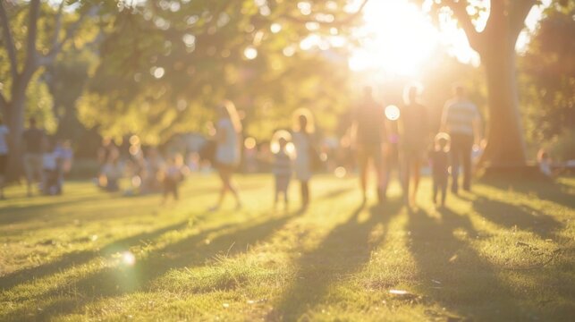 A dreamy defocused image of a park gathering capturing the happy energy of families and friends gathered together.