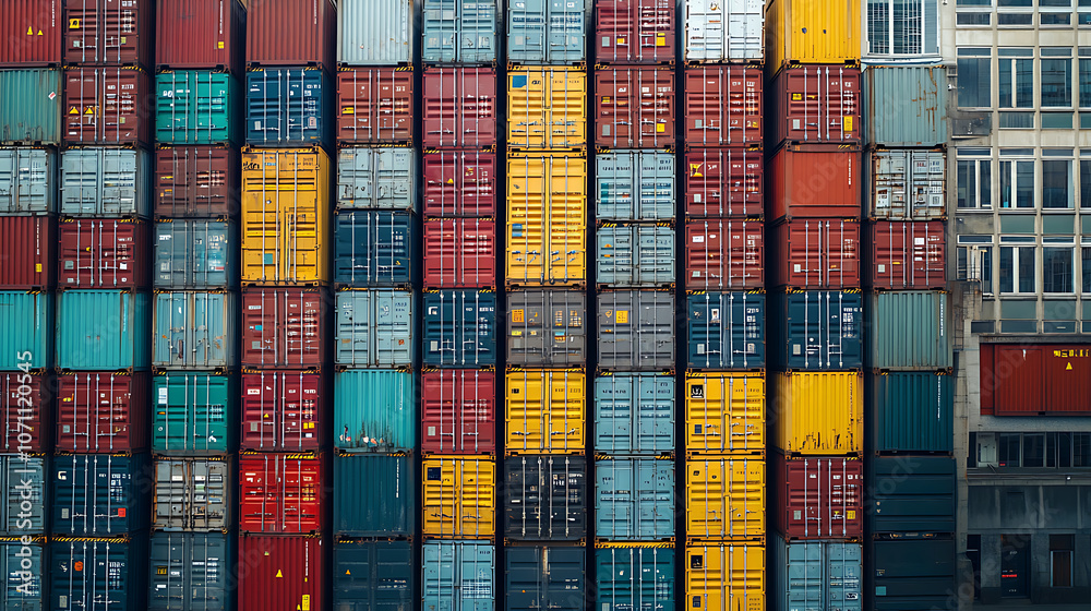Poster Aerial view of cargo containers stacked at the port, showcasing the complexity and scale of global trade