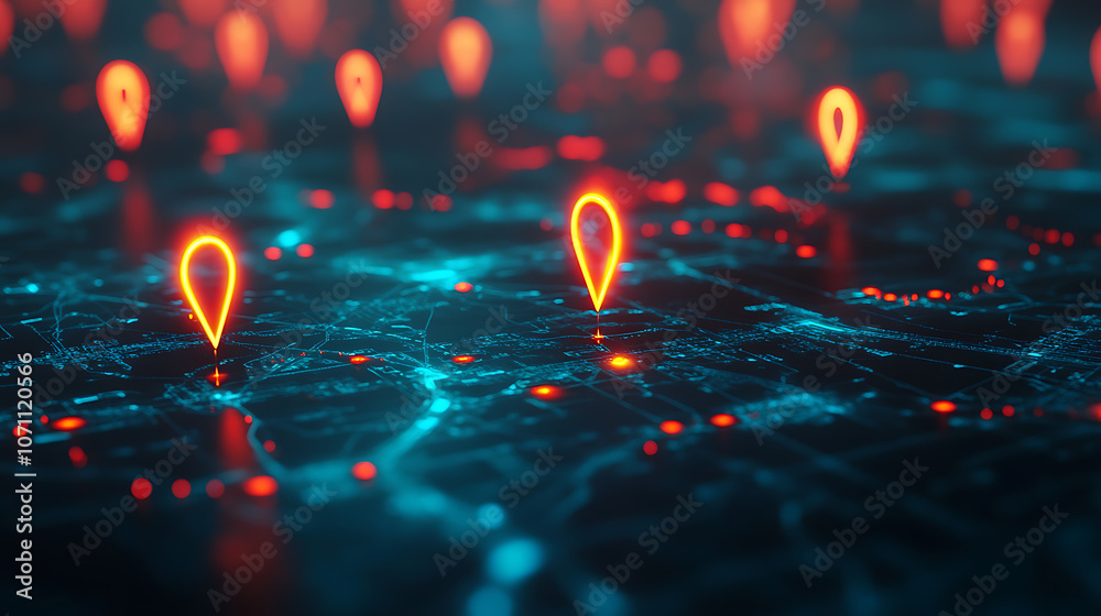 Fototapete abstract digital map with glowing location pins on a blue background, an ai and technology concept