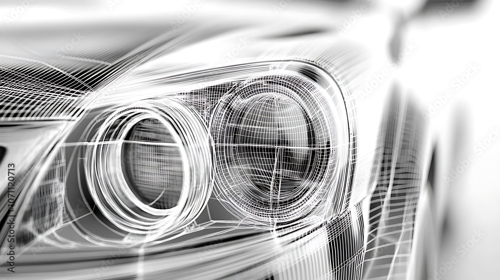 Poster closeup on headlight of a generic and unbranded wireframe car