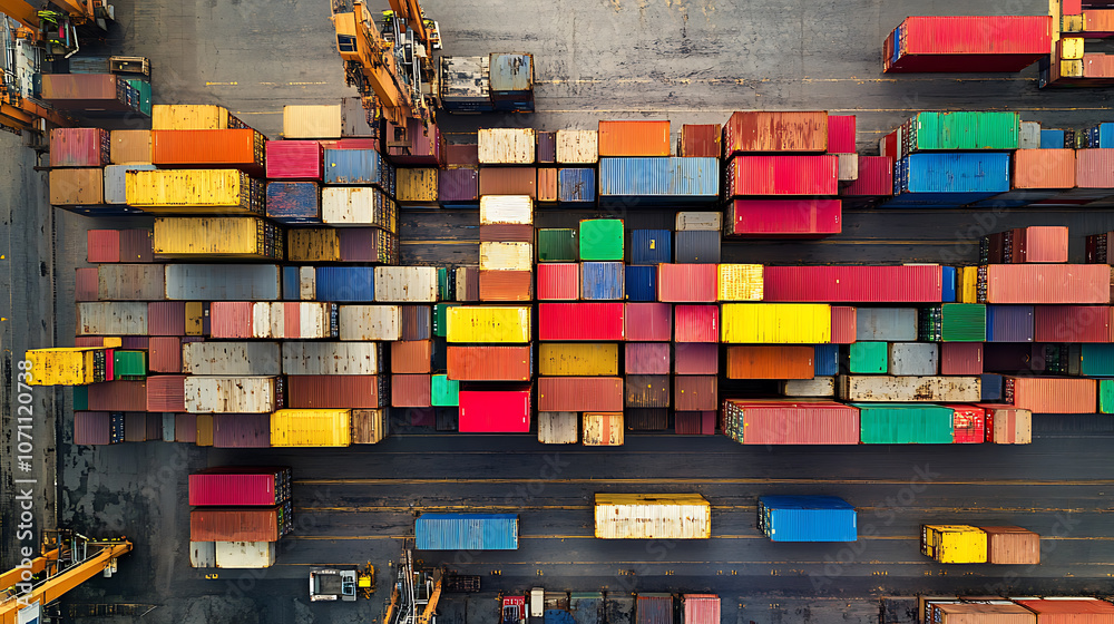 Poster an aerial view of an international port with many colorful shipping containers stacked together, sur
