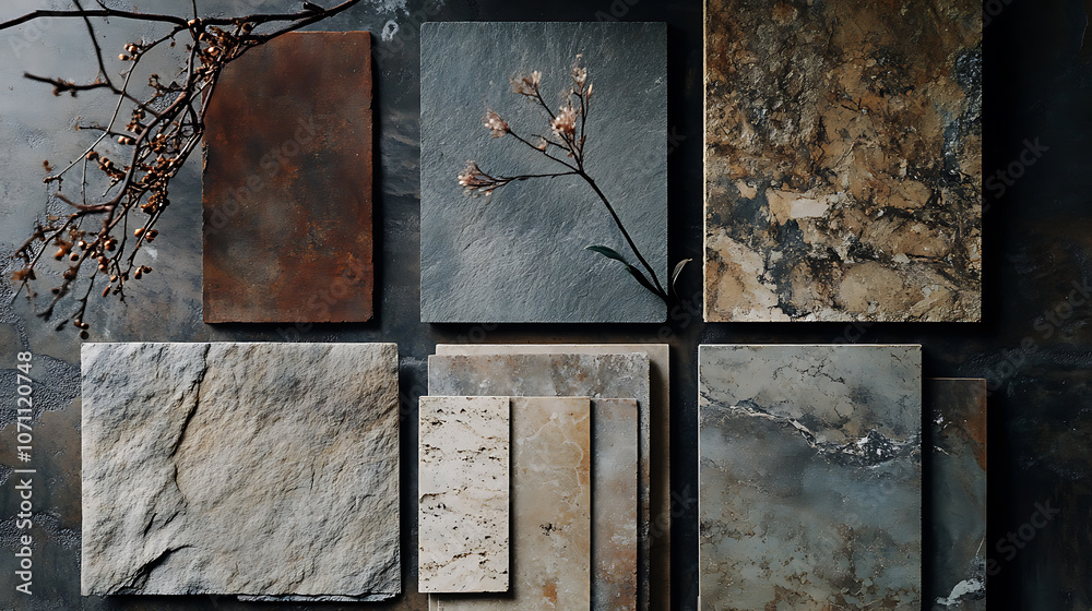 Poster an assortment of stone tile samples showcasing various textures and colors for interior design proje
