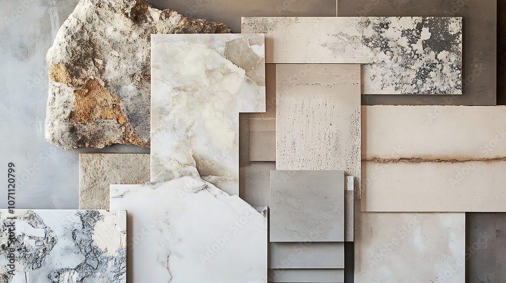 Poster an assortment of stone tile samples showcasing various textures and colors for interior design proje
