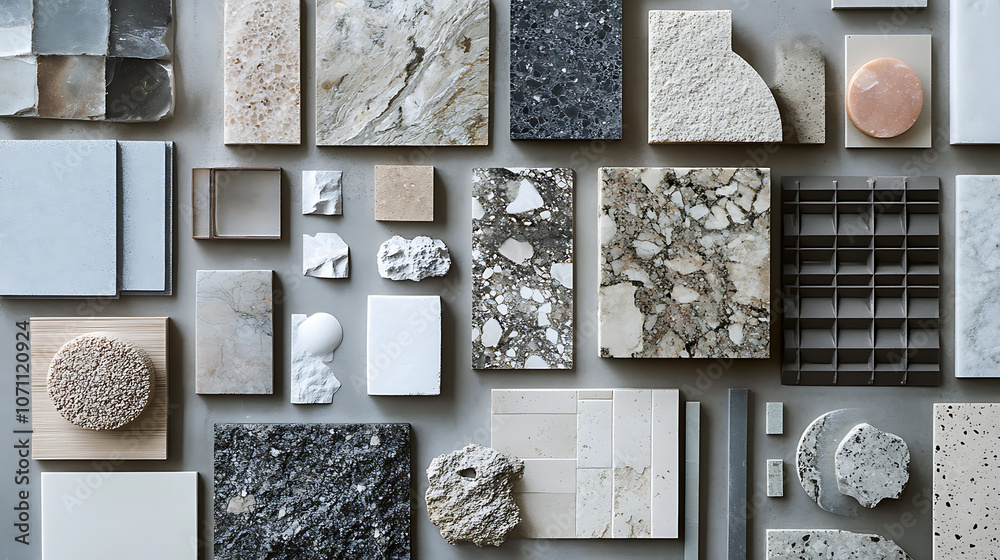 Poster an assortment of stone tile samples showcasing various textures and colors for interior design proje