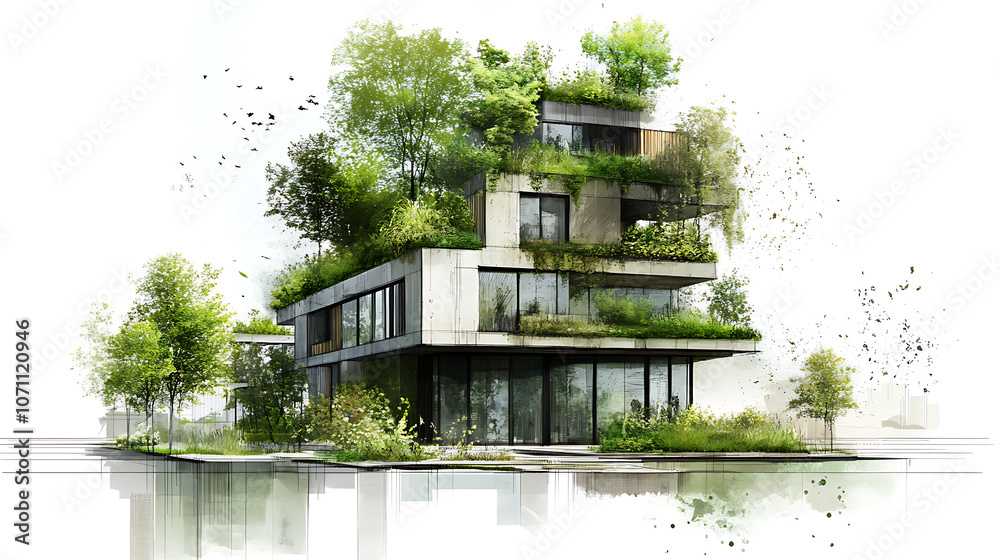 Poster architectural sketch of a modern, sustainable building featuring green spaces and eco-friendly desig