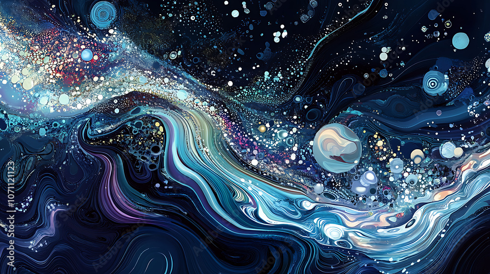 Poster an illustration of an abstract stream conveys themes of artificial intelligence, big data, technolog