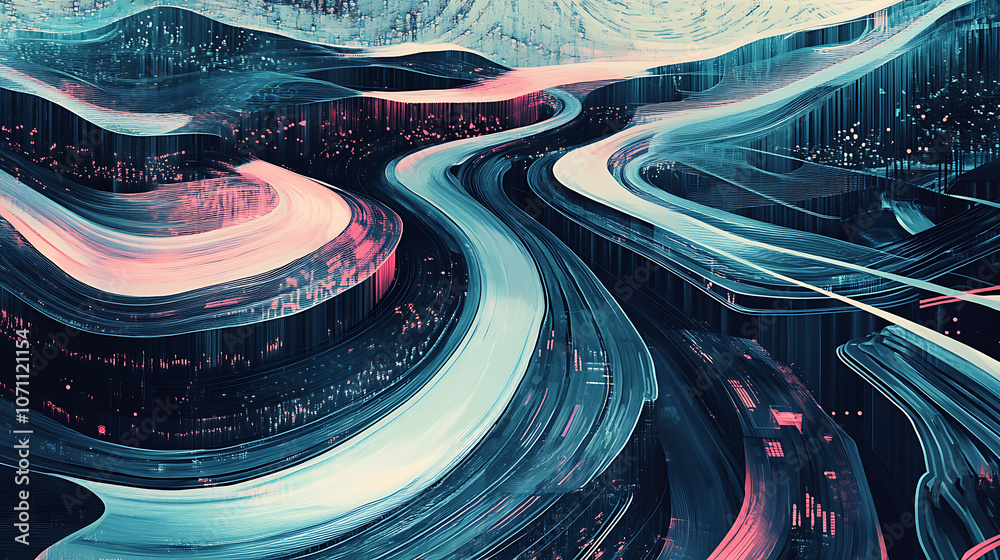 Poster An illustration of an abstract stream conveys themes of artificial intelligence, big data, technology, data transfer, data flow, large language models, and