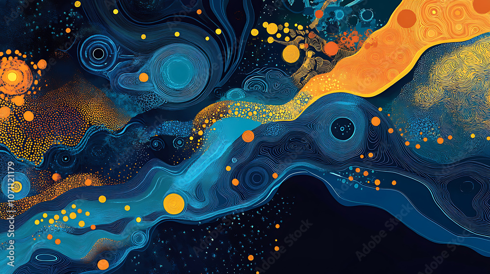Poster an illustration of an abstract stream conveys themes of artificial intelligence, big data, technolog