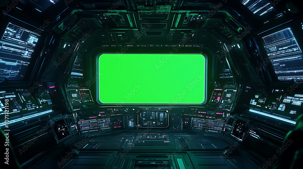 Poster Cockpit view from spaceship with futuristic interface and green screen