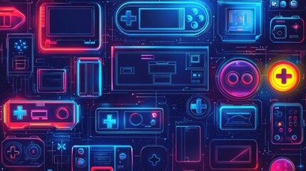 A vibrant collage of glowing gaming consoles and controllers, set against a dark background with intricate circuitry patterns.