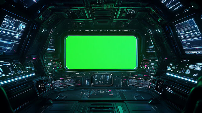 Cockpit view from spaceship with futuristic interface and green screen