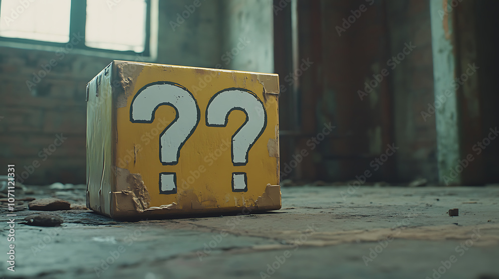 Poster An indoor still-life photo of a small yellow box with a large white question mark printed on each side, reminiscent of a graphic element from a well-known platform video game