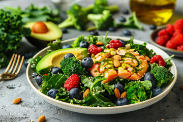Artfully crafted salmon with avocado, berries, greens, nuts, and seeds for brain health