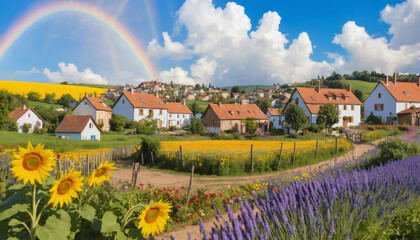 Colorful Village with Rainbow Over Flower Fields and Traditional Homes in Blooming Countryside