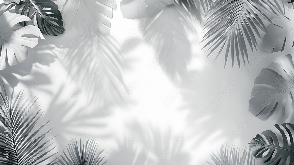 Aufkleber grey shadow of natural palm leaf abstract background falling on white wall texture for background an