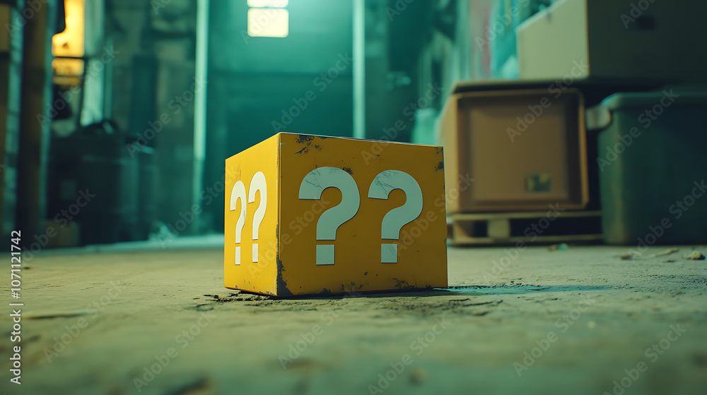 Aufkleber An indoor still-life photo of a small yellow box with a large white question mark printed on each side, reminiscent of a graphic element from a well-known platform video game