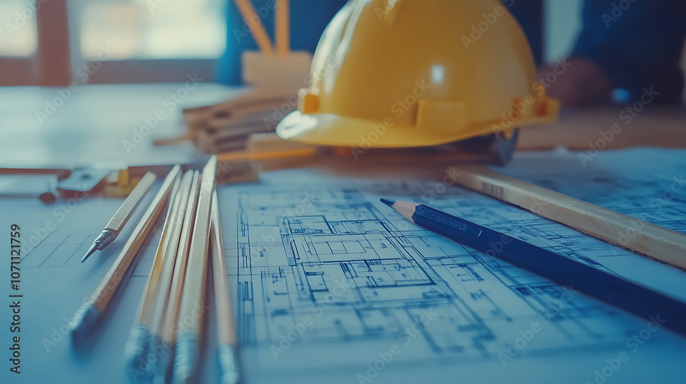 Poster Blueprint floor plan with pencils and hard hat symbolizing architectural project management
