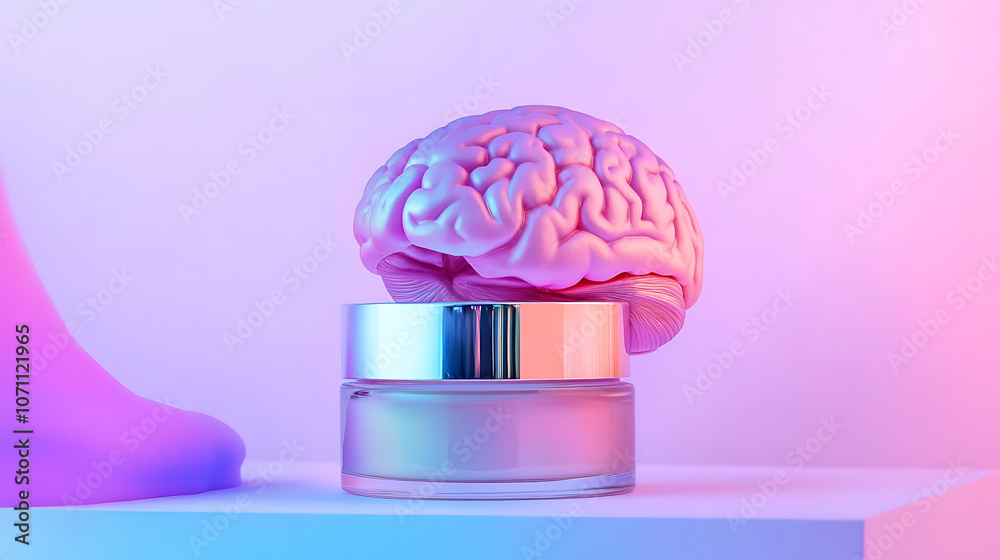 Aufkleber brain and cosmetic jar on colorful background, symbolizing the connection between mental health and 