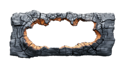 detailed view of burnt wood with cracked surface and prominent hole, showcasing texture and charred edges. contrast between blackened wood and orange highlights adds depth and interest