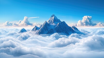 Majestic mountain peaks piercing through a sea of rolling white clouds, creating a sense of grandeur and the awe inspiring power of nature.
