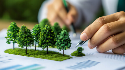 Businessperson analyzing sustainability data with charts and miniature trees, symbolizing ESG reporting and environmental impact