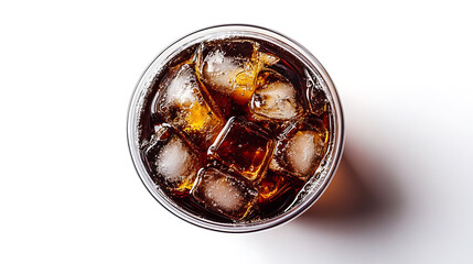 Flat lay, top view, Isolated on a white background, a plastic cup filled with cola and ice, utilizing a clipping path