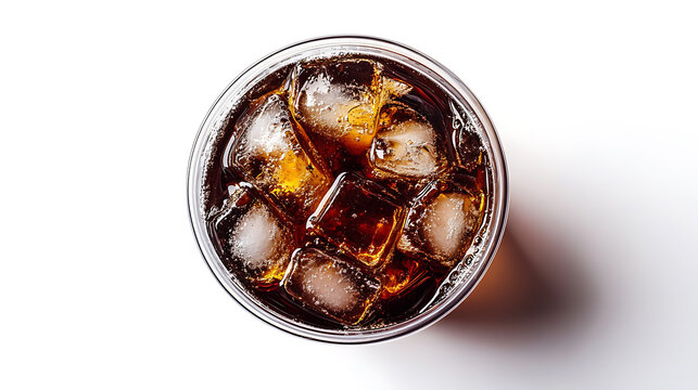 Flat lay, top view, Isolated on a white background, a plastic cup filled with cola and ice, utilizing a clipping path
