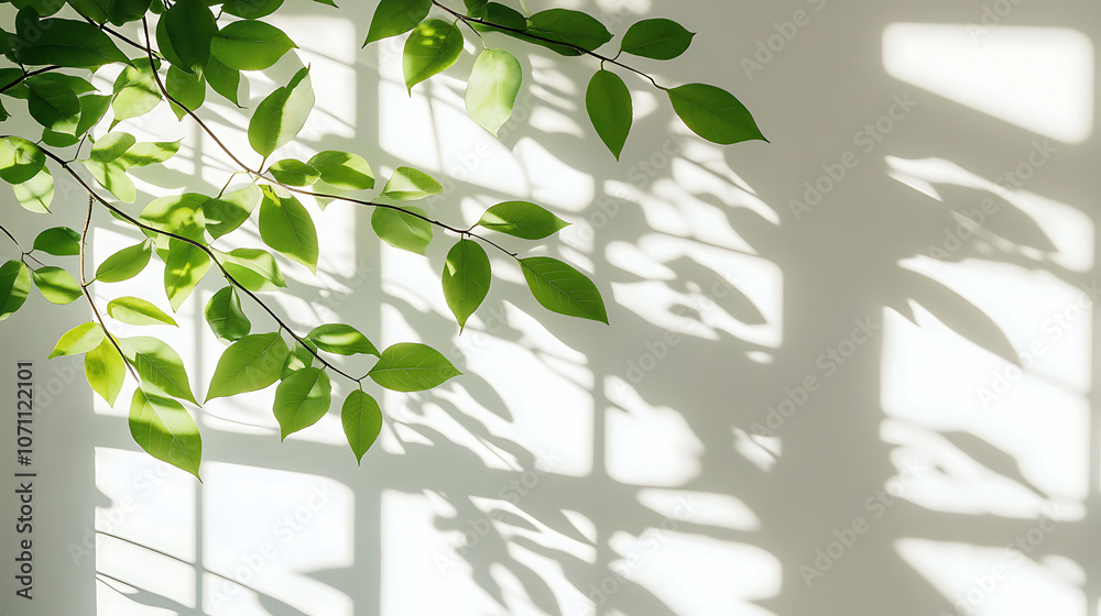 Poster leaves and window pane shadow overlay effect on white background, natural light, abstract image conc