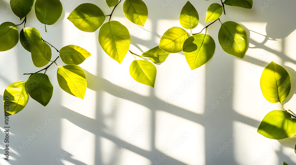Poster leaves and window pane shadow overlay effect on white background, natural light, abstract image conc