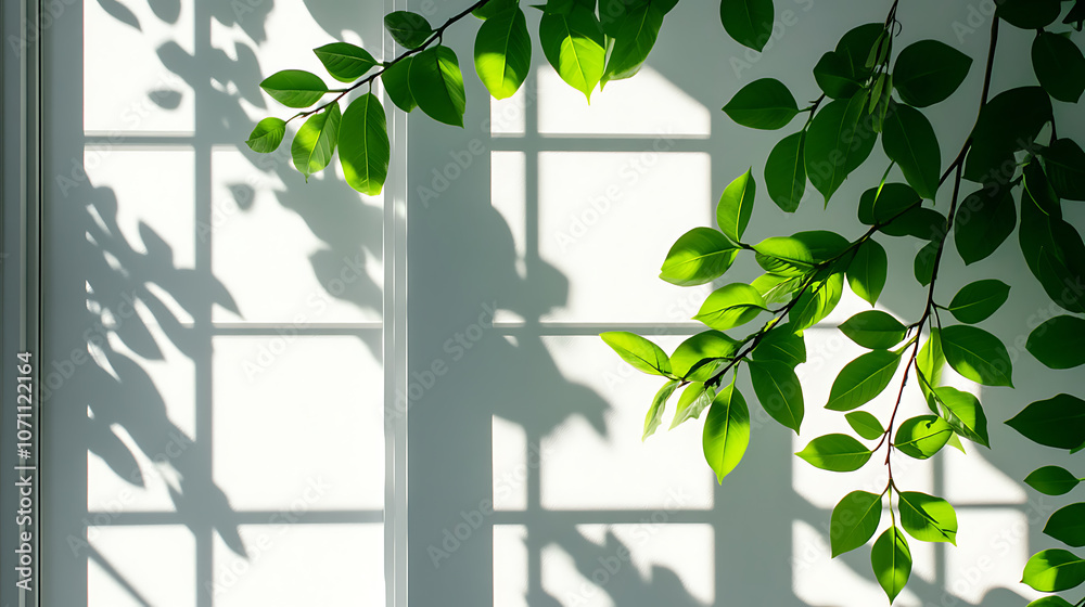Poster leaves and window pane shadow overlay effect on white background, natural light, abstract image conc