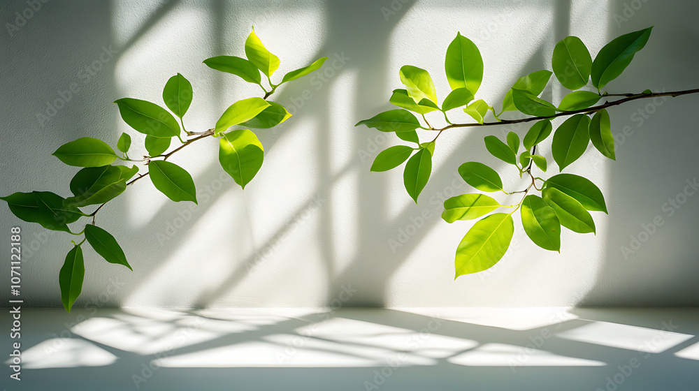 Poster leaves and window pane shadow overlay effect on white background, natural light, abstract image conc