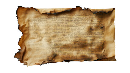Fototapeta premium partially burnt piece of paper reveals hidden text, showcasing vintage look. edges are charred, adding dramatic effect to historical document